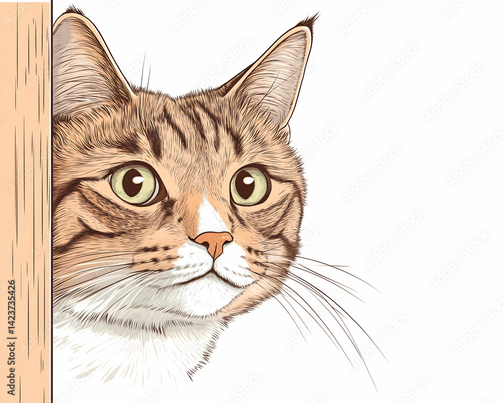 Curious tabby cat peeking from behind a wooden post Curious tabby cat peeking from behind a wooden post