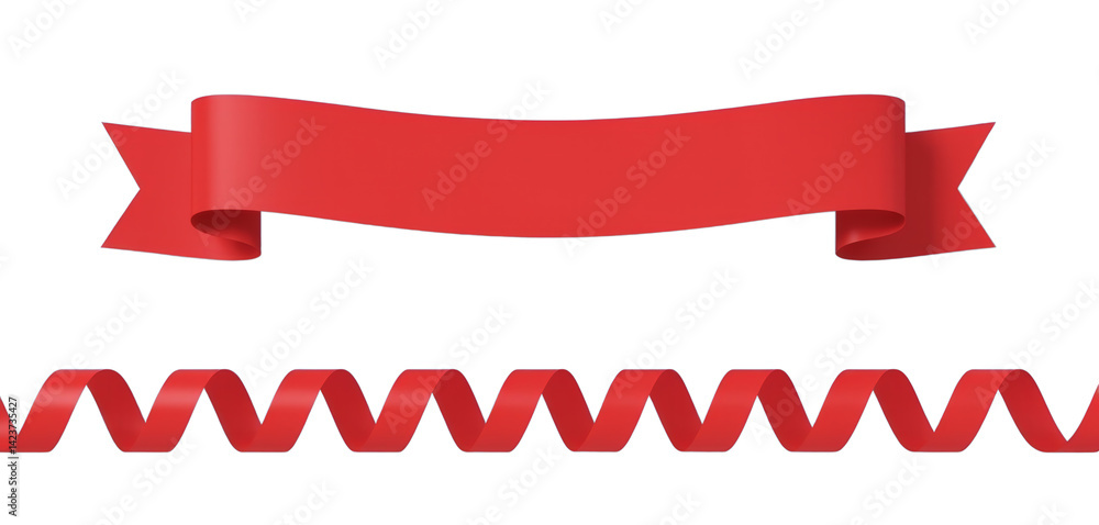 Red Ribbon Banner & Swirl, Transparent Background, Festive, Celebration.