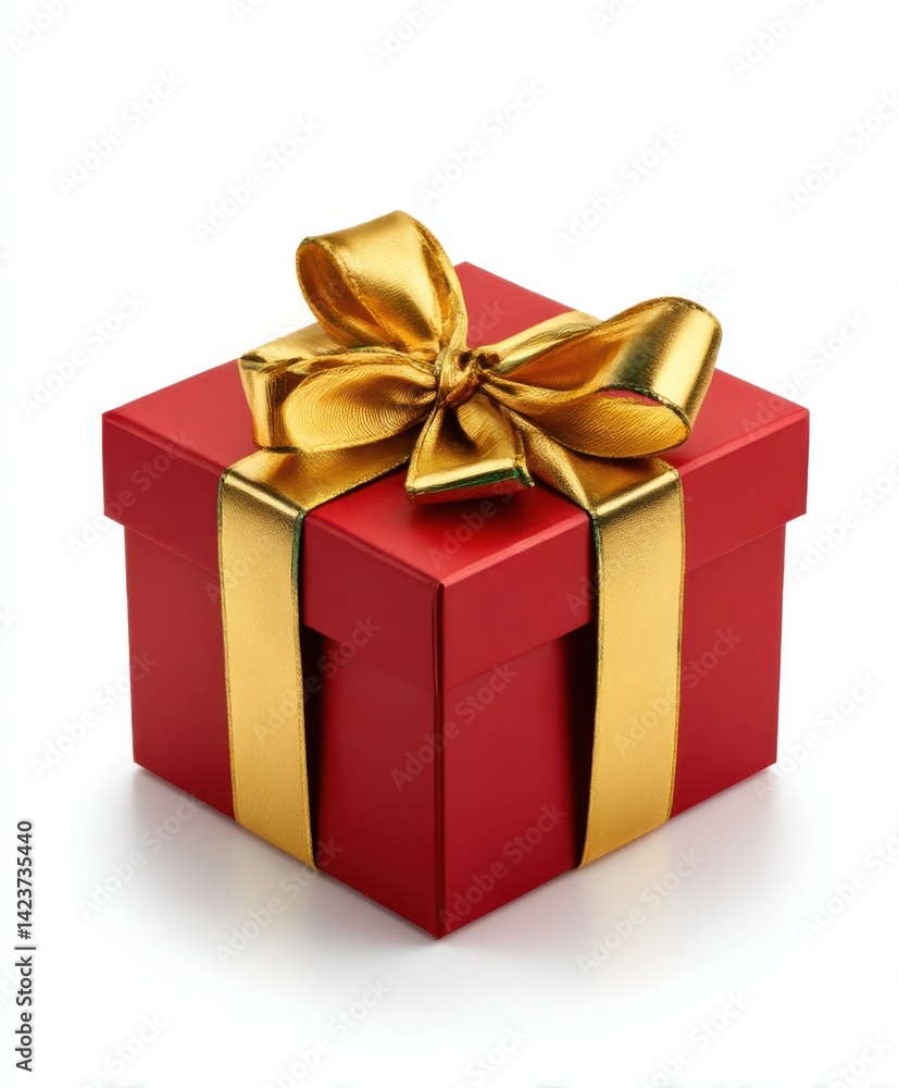 Close up of a square red gift box with golden ribbon and bow on a white background stage Close up of a square red gift box with golden ribbon and bow on a white background stage