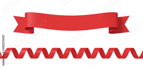 Obraz na płótnie Red Ribbon Banner & Swirl, Transparent Background, Festive, Celebration. w salonie