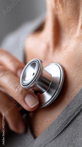 Close-up of a stethoscope on a patient's chest during a consultation - listening diagnosis heartbeat