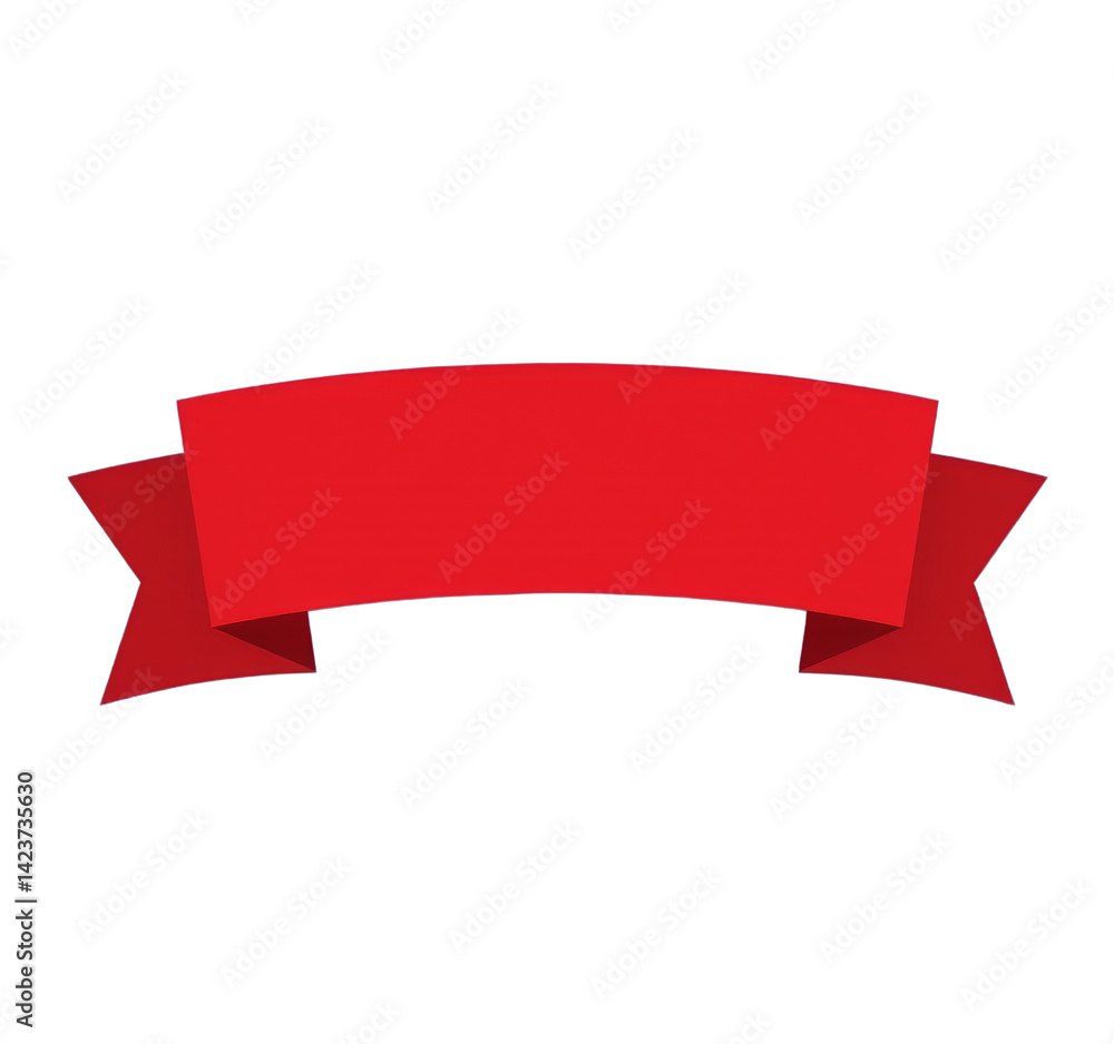 Red Ribbon Banner, Curved, Blank, Transparent Background. Promotion, Celebration.