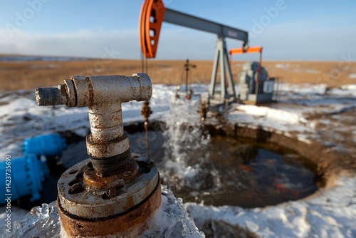 Oil pump jack operating in snowy field with rusty pipes