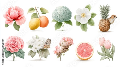 Fototapeta Naklejka Na Ścianę i Meble -  Watercolor style illustration of various flowers and fruits including peonies, hydrangeas, citrus fruits, and a bird on