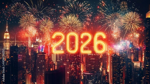 Spectacular fireworks display over cityscape heralding the year 2026 celebration
