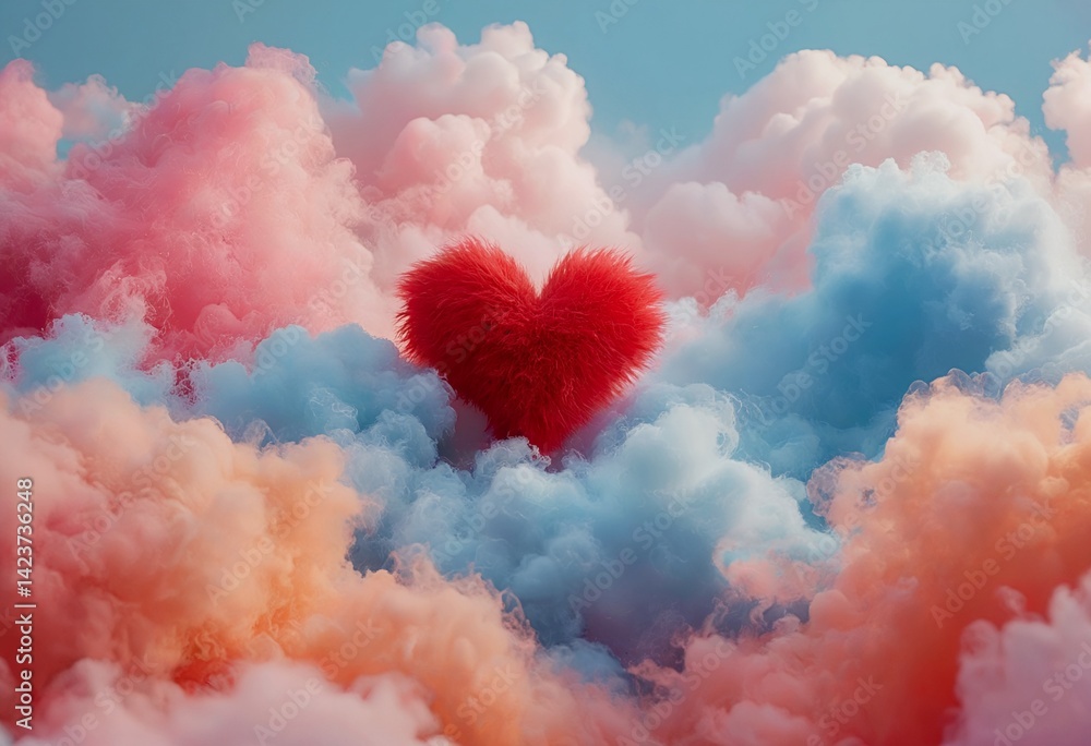 Fototapeta premium a vibrant red heart floats amidst swirling clouds of pastel pink, blue, and orange in a dreamy, atmospheric composition.