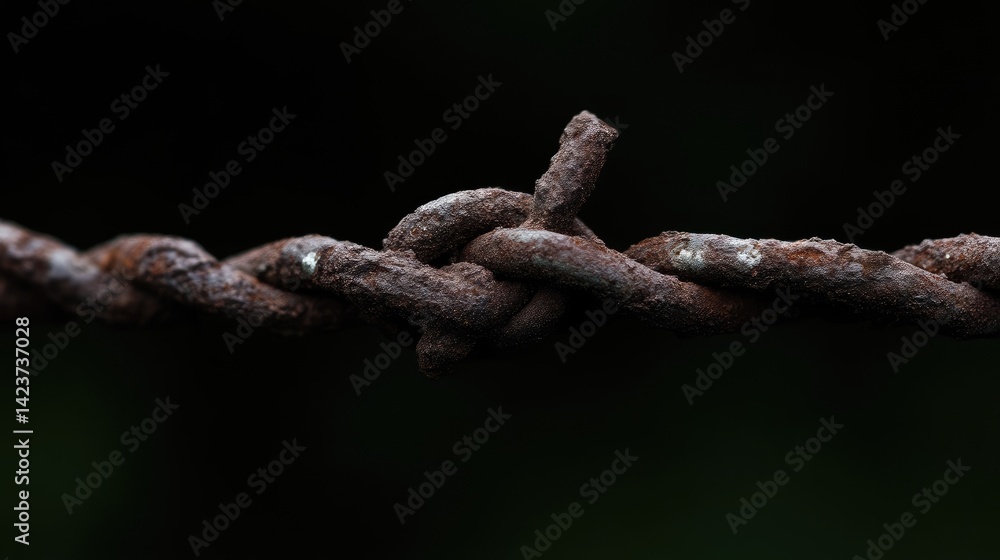 Rusted barbed wire knot against dark backdrop Rusted barbed wire knot against dark backdrop
