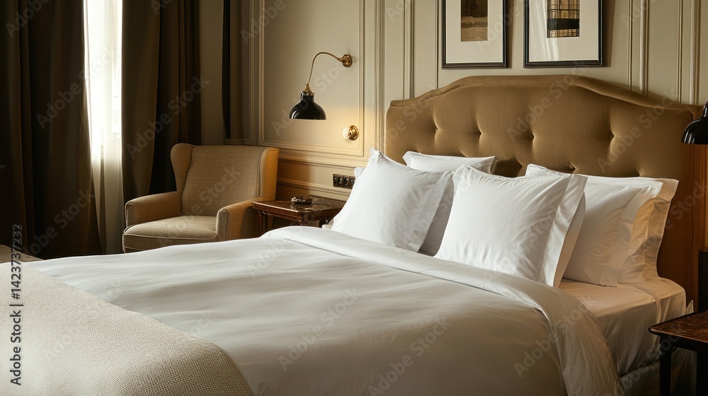 Luxurious Hotel Room Interior Design: Elegant Bedroom with Crisp White Bedding and Plush Gold Headboard Luxurious Hotel Room Interior Design: Elegant Bedroom with Crisp White Bedding and Plush Gold Headboard