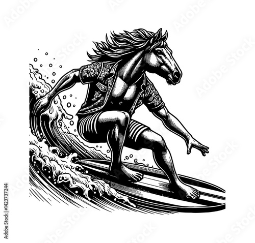 Horse surfing on waves in ocean wearing beachwear enjoying summer vacation