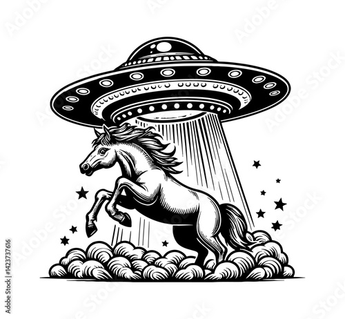 Sci-fi scene of a horse being abducted by aliens from a UFO in thriller movie