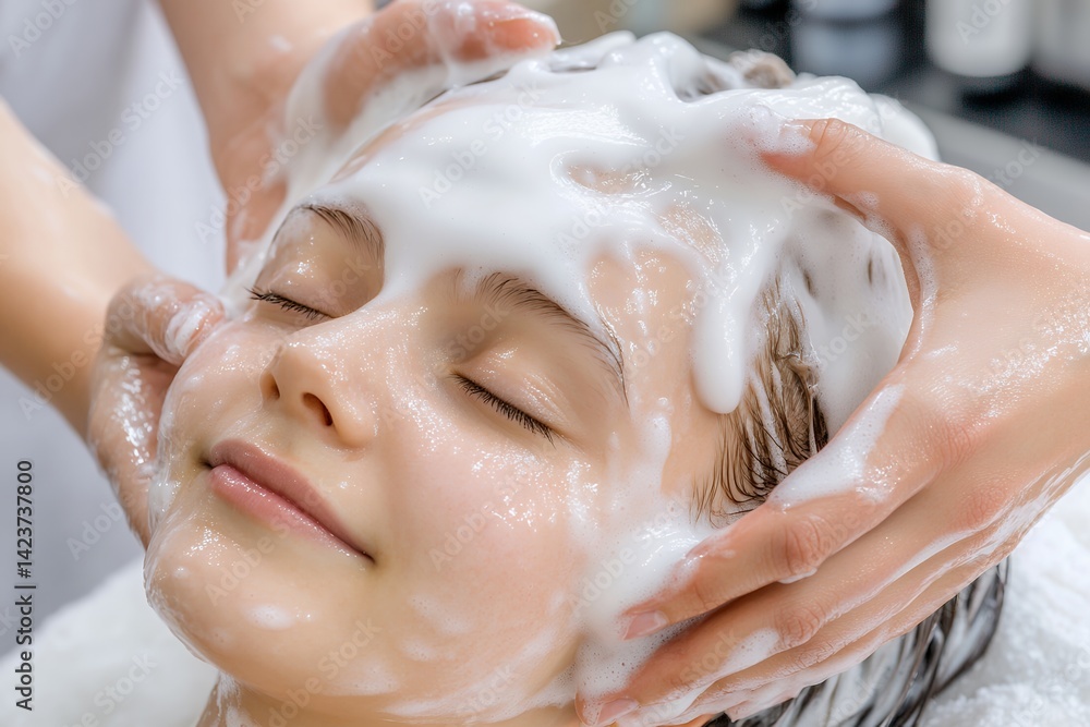 Fototapeta premium Relaxing hair spa treatment for young caucasian female with luxurious foam
