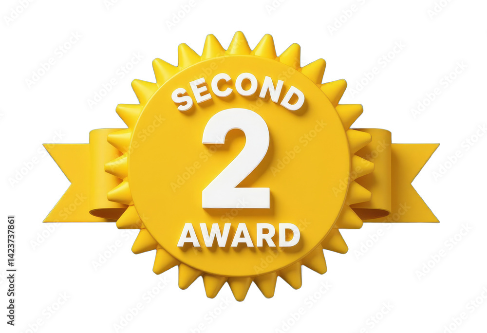 Second Place Award, Yellow Ribbon, 3D Render, transparent background