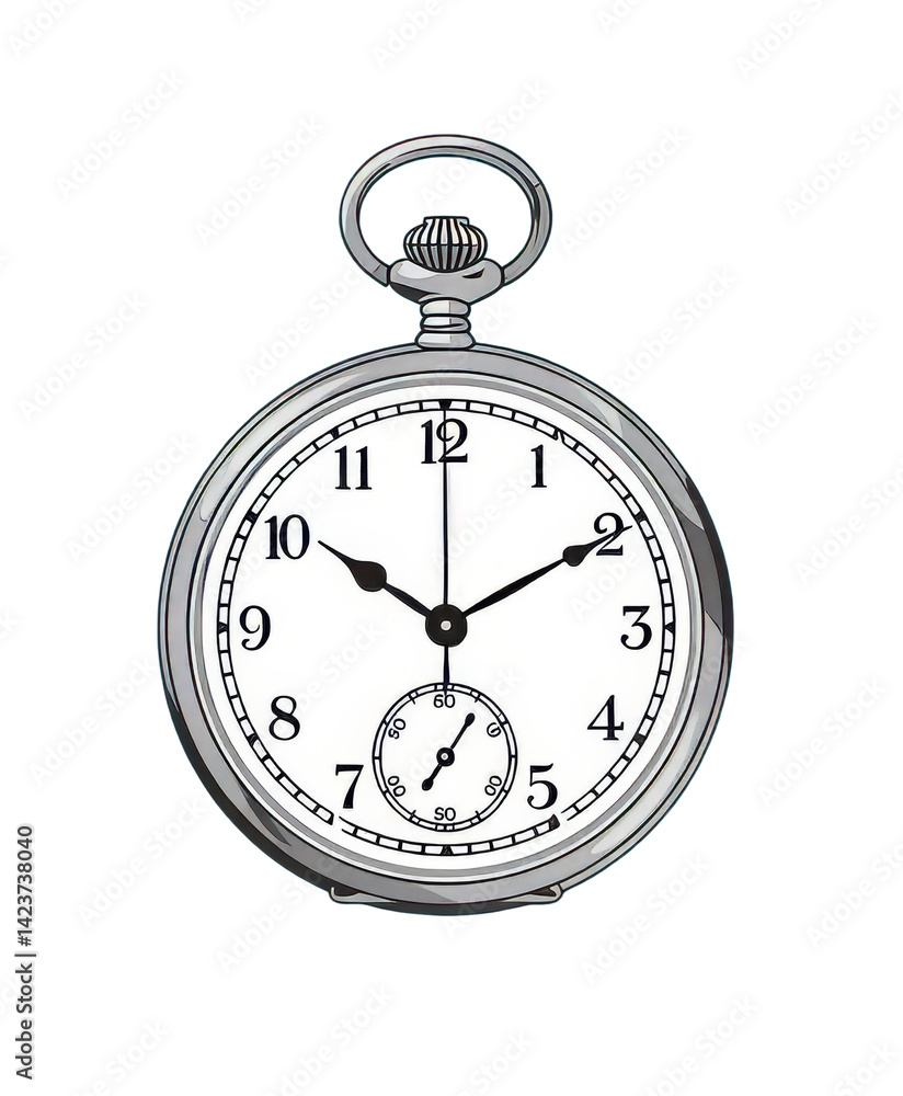 Silver Pocket Watch, Antique Timepiece, Transparent Background.