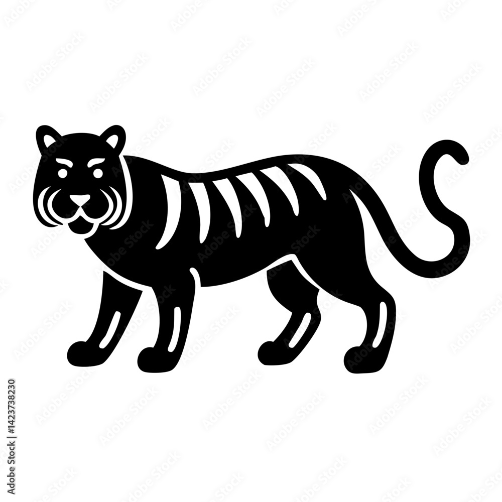 Obraz premium A stark illustration of a majestic tiger with black stripes, embodying the power and grace of the wild cat. This minimalist design emphasizes the tiger's strength and distinctive markings.