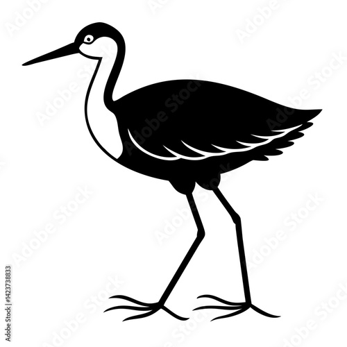 Black and white silhouette of a stilt bird. The silhouette is simple yet detailed, capturing the bird's elegant form and long legs. The bird stands against a pure white background.