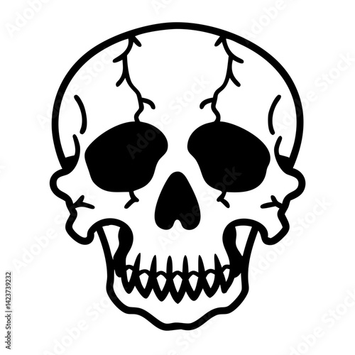 A stark monochrome line art depicts a stylized human skull. A potent visual symbol, the image captures mortality.
