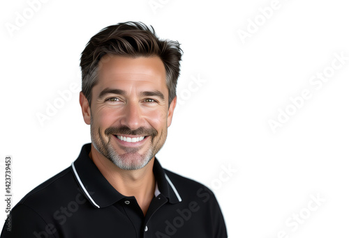 Smiling Man Portrait, Black Polo Shirt, Transparent Background..