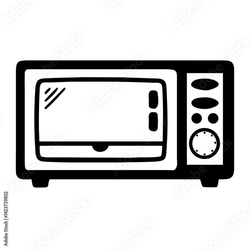 A simple, clean graphic shows a modern microwave, with its clear window, control panel, and essential components rendered in black and white. Perfect for kitchen themes.