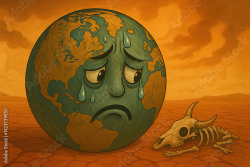 Sad Earth with tears looks at animal skeleton on cracked ground, symbolizing environmental issues and climate change. scene is set against orange sky, conveying sense of urgency