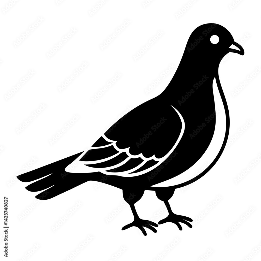 An elegant and stylized depiction of a pigeon, in striking black and white, showcasing its distinctive features and poised posture. An elegant and stylized depiction of a pigeon, in striking black and white, showcasing its distinctive features and poised posture.