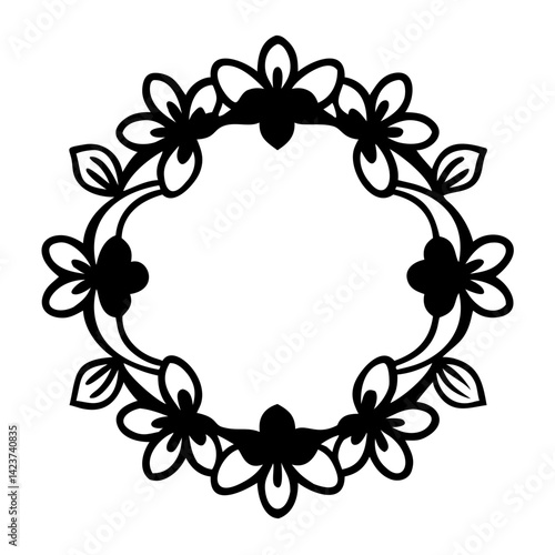 A delicate floral wreath with intricate details, elegantly crafted for versatile design applications. Its symmetrical arrangement of stylized flowers exudes grace and charm.
