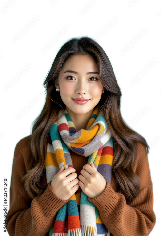 Smiling Woman with Striped Scarf, Brown Sweater, transparent background