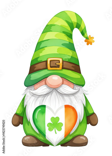 St. Patrick's Day Gnome with Irish Flag Heart - transparent background