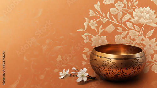 tibetian singing bowl for buddhist chant and meditation isolated on brown background