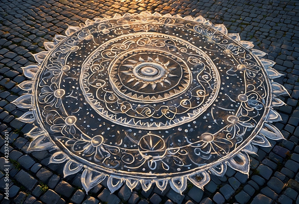Obraz premium a detailed chalk mandala graces a wet cobblestone street, illuminated by warm evening light.