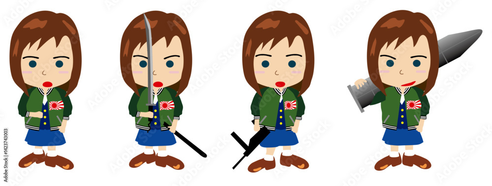 Fototapeta premium Military Enthusiast Girl Character Set with Various Weapons