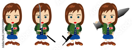Military Enthusiast Girl Character Set with Various Weapons