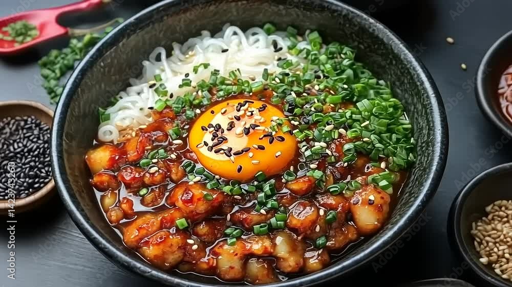 Spicy pork noodles with egg Spicy pork noodles with egg