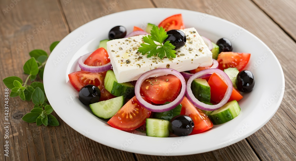 A refreshing Greek salad topped with feta cheese and olives A refreshing Greek salad topped with feta cheese and olives