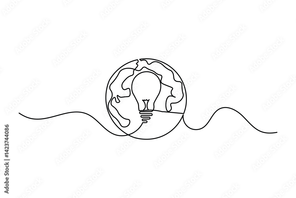 Work Earth hour continuous single line art drawing of concept doodle style outline vector design