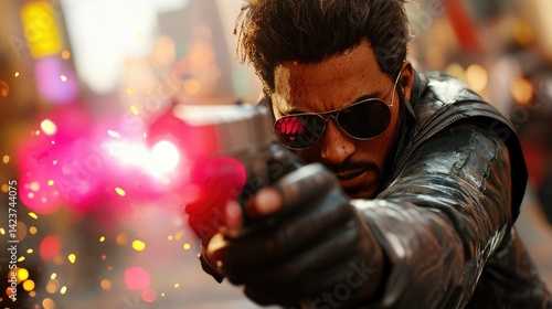 A cyberpunk assassin dodging laser fire with a digital city in the background.