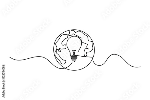 Work Earth hour continuous single line art drawing of concept doodle style outline vector design