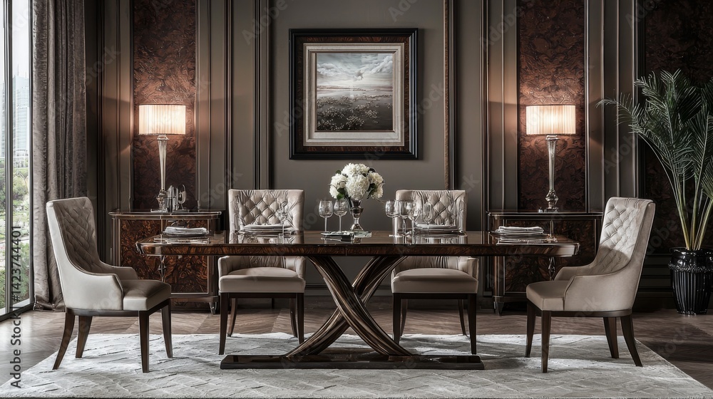 modern dining room setting, featuring sleek furniture, ambient lighting, and an eye-catching picture frame that enhances the overall elegance of the space modern dining room setting, featuring sleek furniture, ambient lighting, and an eye-catching picture frame that enhances the overall elegance of the space