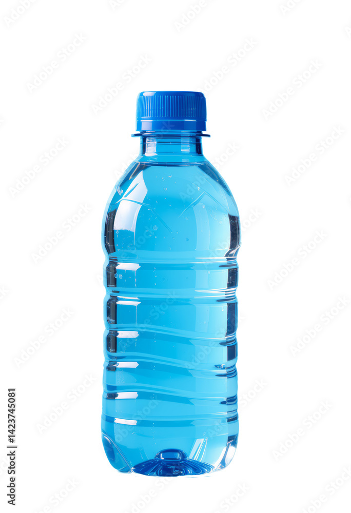 Water Bottle, Blue Cap, Transparent Background, Hydration, Refreshment.