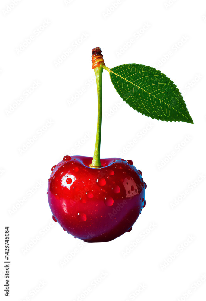 Wet Red Cherry with Leaf, Transparent Background. Fresh Fruit.