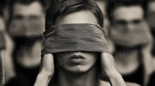 Blindfolded woman amidst a crowd, symbolizing ignorance.