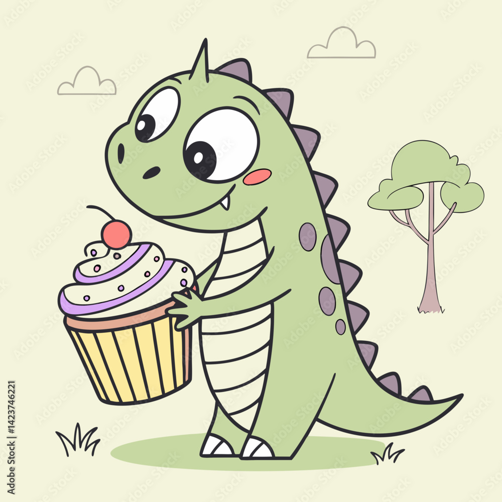Fototapeta premium Cute Dinosaur Hugging a Cupcake – Adorable and Funny Vector Illustration for Kids and Sweet Lovers
