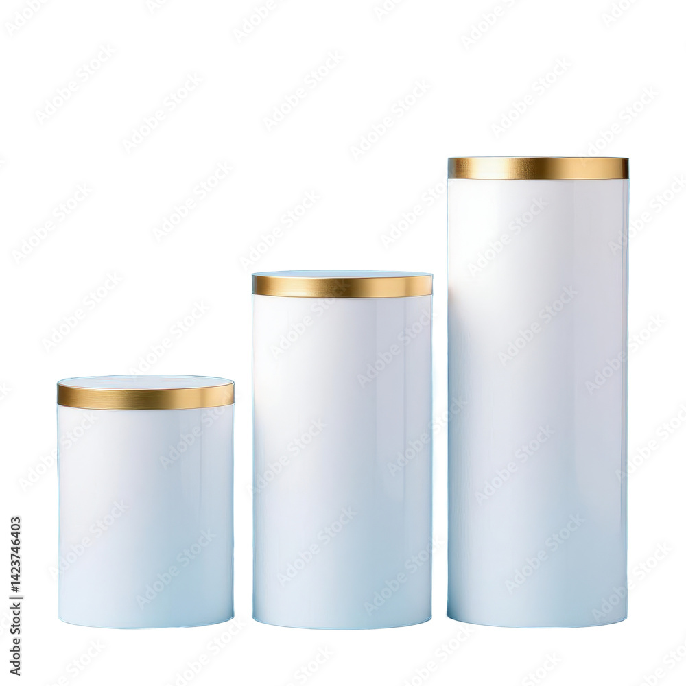 White Cylinder Display Stands, Gold Trim, Transparent Background