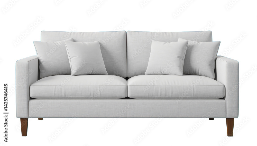 White Sofa with Pillows, Wooden Legs, Transparent Background. Modern Furniture.