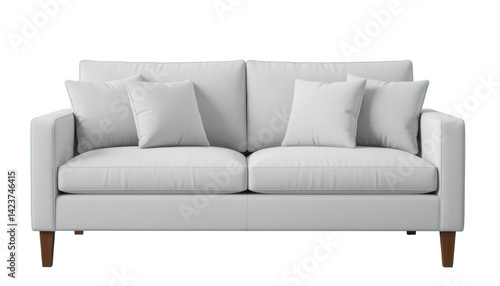 Obraz na płótnie White Sofa with Pillows, Wooden Legs, Transparent Background. Modern Furniture. w salonie