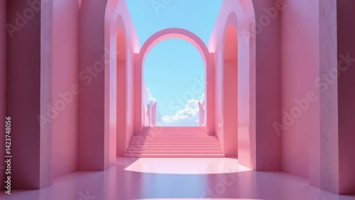 Serene Pink Architectural Pathway Leading to Bright Cloudy Sky