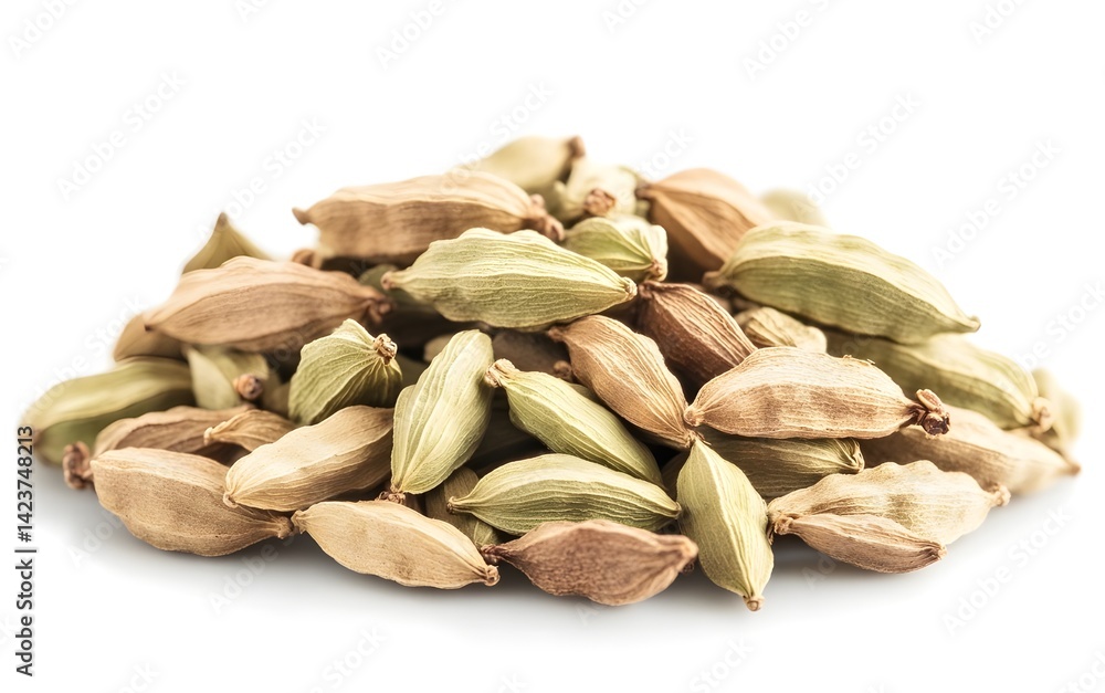 A collection of cardamom seeds displayed on a white background, emphasizing their distinct shape and color variations. A collection of cardamom seeds displayed on a white background, emphasizing their distinct shape and color variations.