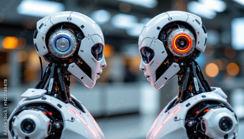 Fototapeta premium Robotic interaction event futuristic laboratory digital art high-tech environment close-up view ai conceptualization