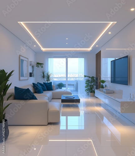 Sophisticated Living Room Interior with Clean Lines, White Walls, and Abundant Natural Light