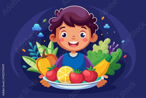 vector of A child happily holding a plate full of colorful fruits and vegetables on a plain dark background. Promotes healthy eating habits and nutrition.