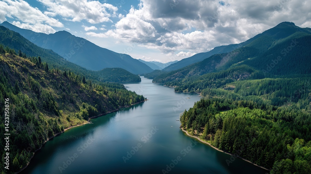 Amazing lake view, surrounded by green hills and forests, blue sky and white clouds, perfect for tourist posters and outdoor activities such as hiking, fishing, camping. Amazing lake view, surrounded by green hills and forests, blue sky and white clouds, perfect for tourist posters and outdoor activities such as hiking, fishing, camping.